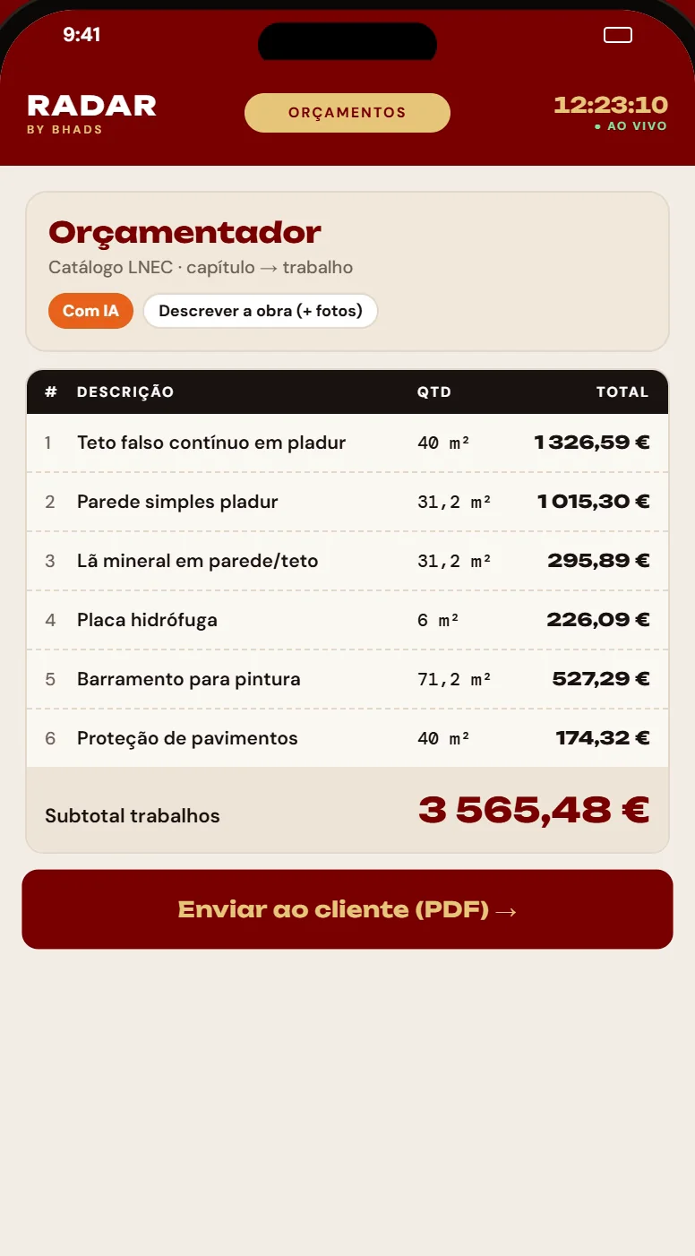 RADAR · ecrã Orçamentos