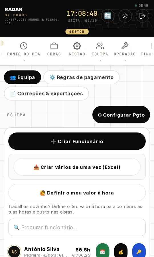 Ecrã Equipa da app RADAR, com dados de exemplo