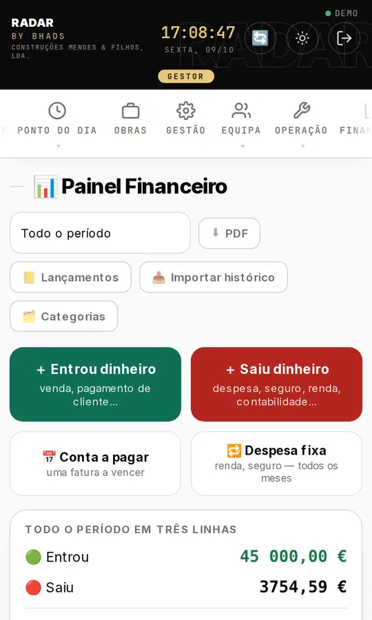 Ecrã Financeiro da app RADAR, com dados de exemplo