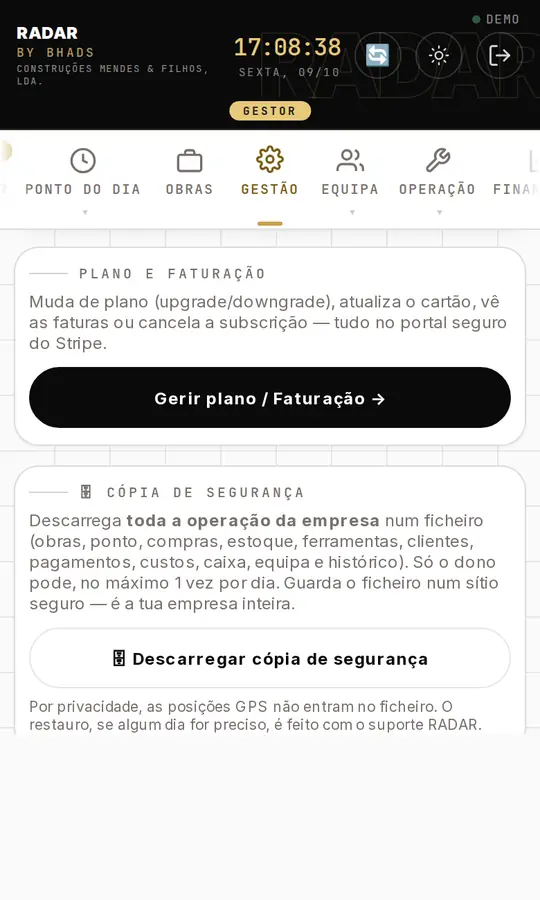 Ecrã Gestão da app RADAR, com dados de exemplo