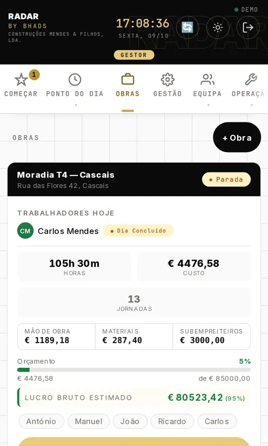 Ecrã Obras da app RADAR, com dados de exemplo