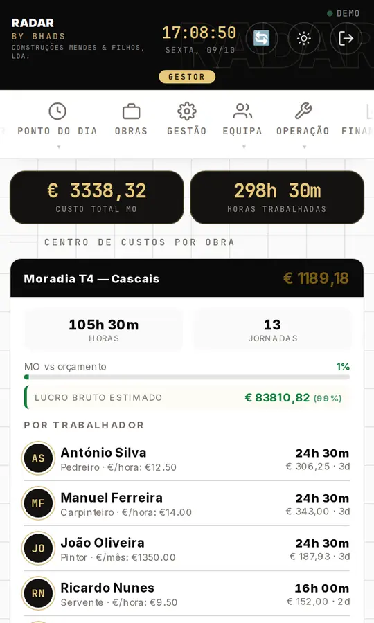 Ecrã Operação da app RADAR, com dados de exemplo