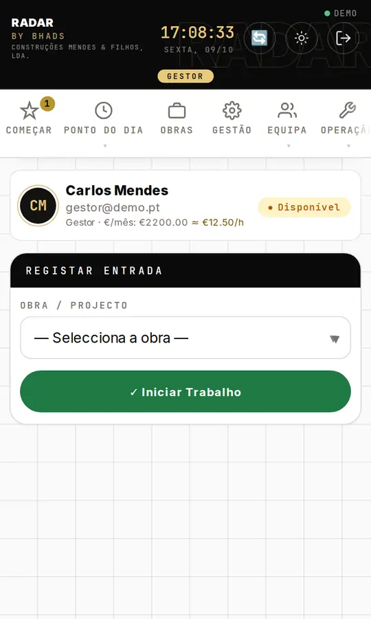 Ecrã Ponto da app RADAR, com dados de exemplo